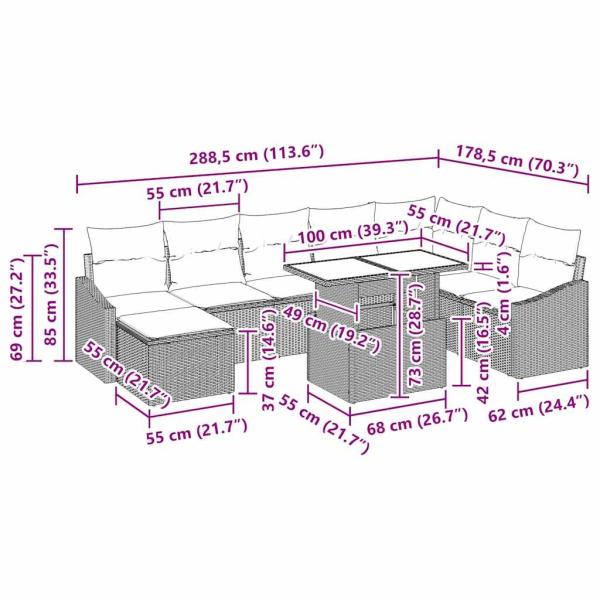 9-teiliges Garten-Sofa-Set mit Kissen in Hellgrau Poly-Rattan