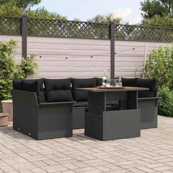 ARDEBO.de - 7-teiliges Garten-Sofa-Set mit Kissen Schwarz Poly Rattan Akazie