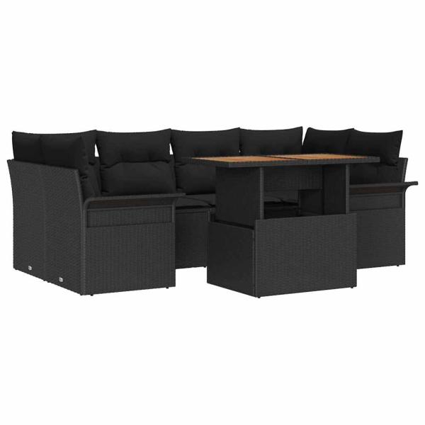 7-teiliges Garten-Sofa-Set mit Kissen Schwarz Poly Rattan Akazie