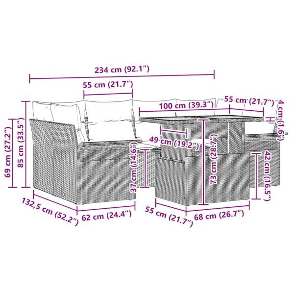 7-teiliges Garten-Sofa-Set mit Kissen Schwarz Poly Rattan Akazie