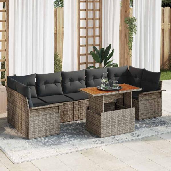ARDEBO.de - 8-teiliges Garten Sofa Set mit Kissen Grau Poly Rattan Akazie