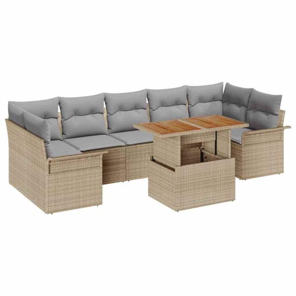 8-teiliges Garten Sofa Set mit Kissen Beige Poly Rattan Akazie