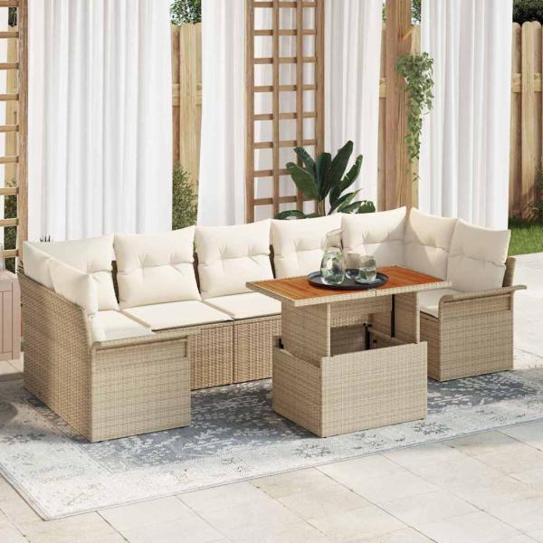 ARDEBO.de - 8-teiliges Garten Sofa Set mit Kissen Beige Poly Rattan Akazie