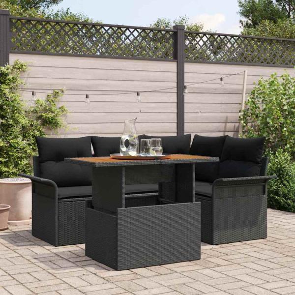 ARDEBO.de - 5-teiliges Garten Essset mit Kissen Schwarz Poly Rattan Akazie