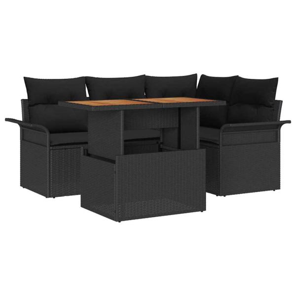 5-teiliges Garten Essset mit Kissen Schwarz Poly Rattan Akazie