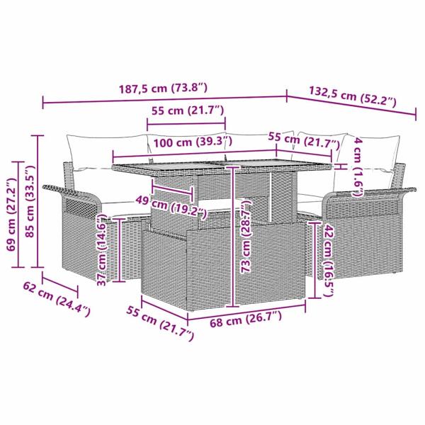 5-teiliges Garten Essset mit Kissen Schwarz Poly Rattan Akazie
