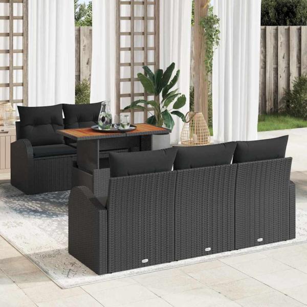 ARDEBO.de - 6-teiliges Garten Essset mit Kissen Schwarz Poly Rattan Akazie
