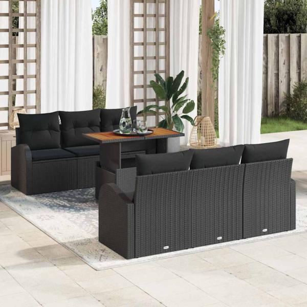 ARDEBO.de - 7-teiliges Garten Esszimmer Set mit Kissen in Schwarz Poly Rattan Akazie