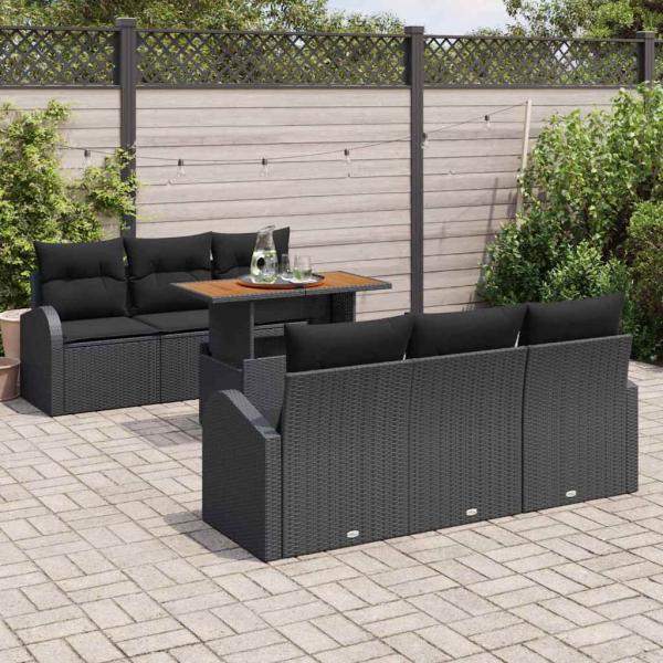 7-teiliges Garten Esszimmer Set mit Kissen in Schwarz Poly Rattan Akazie