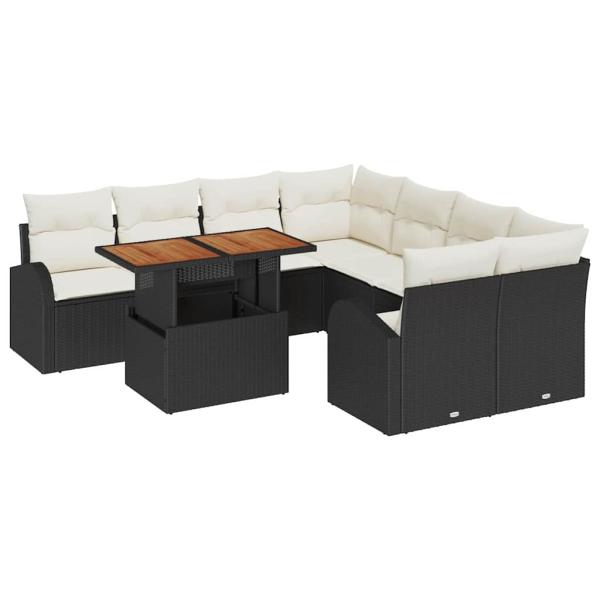 9-teiliges Garten Esstisch Set mit Kissen Schwarz Poly Rattan Akazie