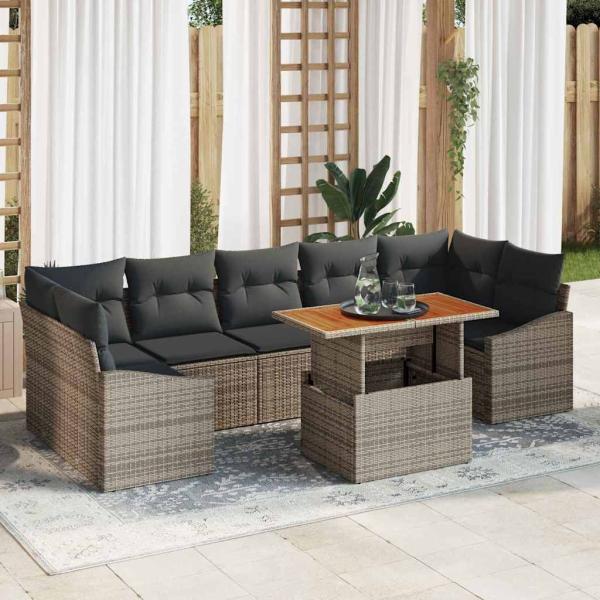 ARDEBO.de - 8-teiliges Garten Essset mit Kissen Grau Poly-Rattan Akazie