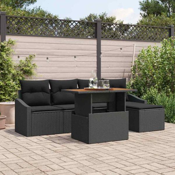 ARDEBO.de - 6-teiliges Garten-Ess-Set mit Kissen schwarzes Poly Rattan Akazie
