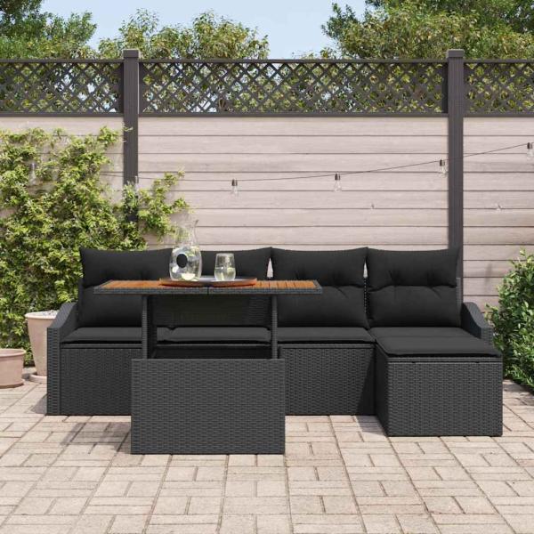 6-teiliges Garten-Ess-Set mit Kissen schwarzes Poly Rattan Akazie