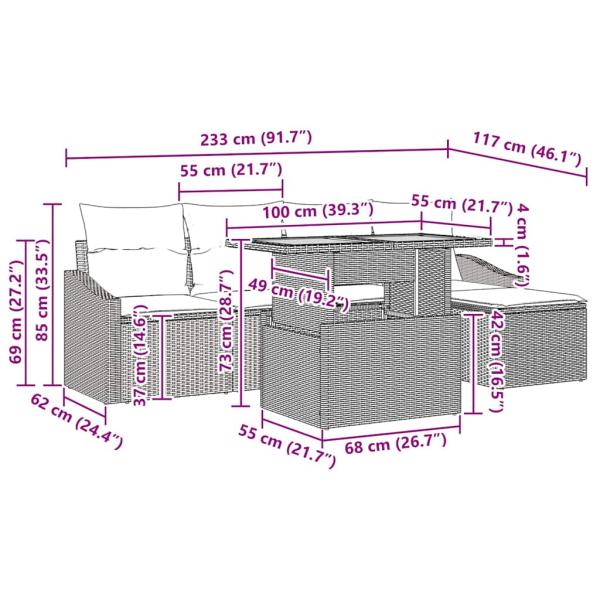 6-teiliges Garten-Ess-Set mit Kissen schwarzes Poly Rattan Akazie