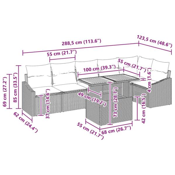 7-teilige Garten Essgruppe mit Kissen Beige Poly Rattan Akazie