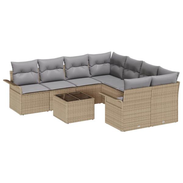 9-teiliges Garten Sofa Set mit Kissen Beige Poly Rattan, 2-Sitzer Garten Sofa mit Stauraum & Kissen Beige Poly Rattan