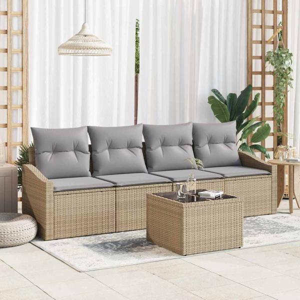 ARDEBO.de - 5-teiliges Garten Essgruppen Set mit Kissen Beige Poly Rattan