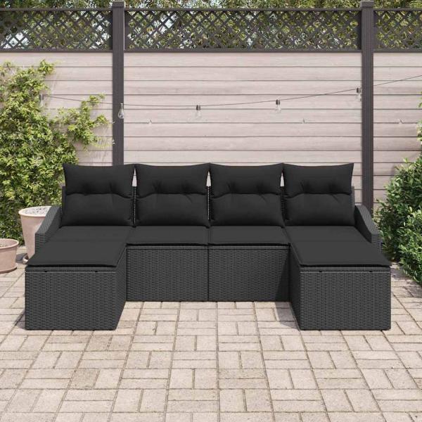 6-teilige Garten-Essgruppe mit Kissen, schwarzes Poly-Rattan