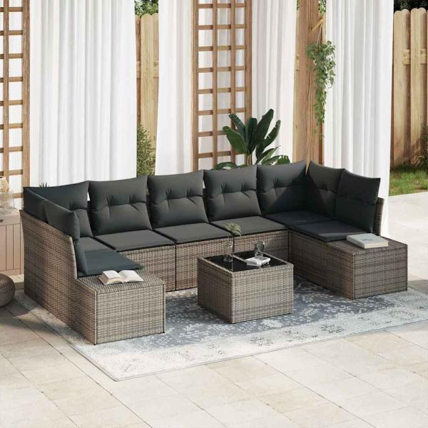 ARDEBO.de - 8-teiliges Garten-Sofa-Set mit Kissen Grau Poly-Rattan