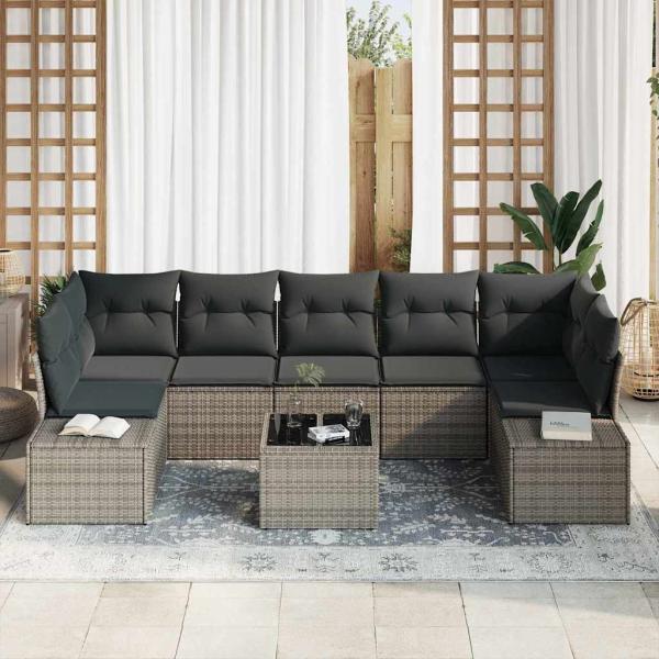 8-teiliges Garten-Sofa-Set mit Kissen Grau Poly-Rattan