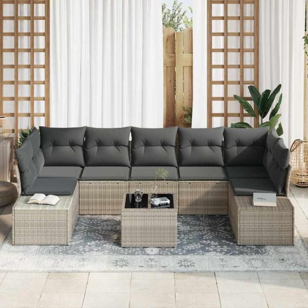 8-teiliges Garten Sofa Set mit Kissen Hellgrau Poly Rattan
