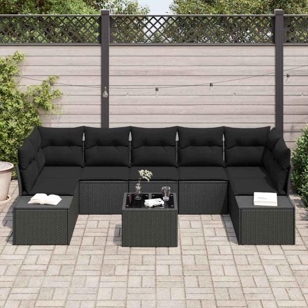 8-teiliges Garten-Sofa-Set mit Kissen aus schwarzem Poly-Rattan