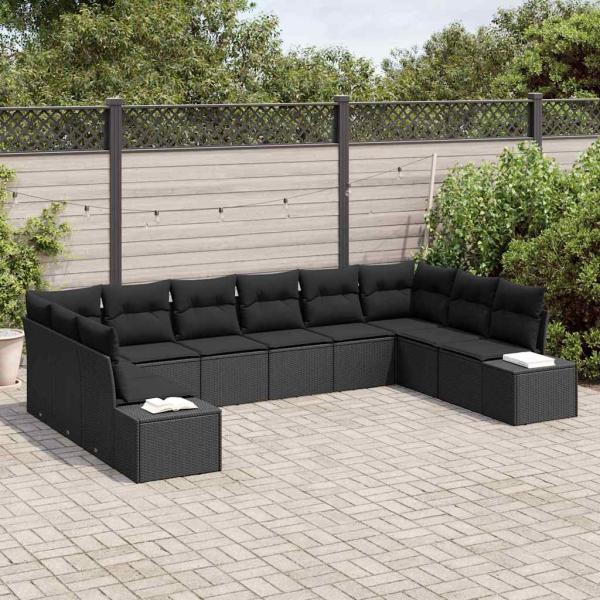 10-teiliges Garten-Sofa-Set mit Kissen Schwarz Poly-Rattan