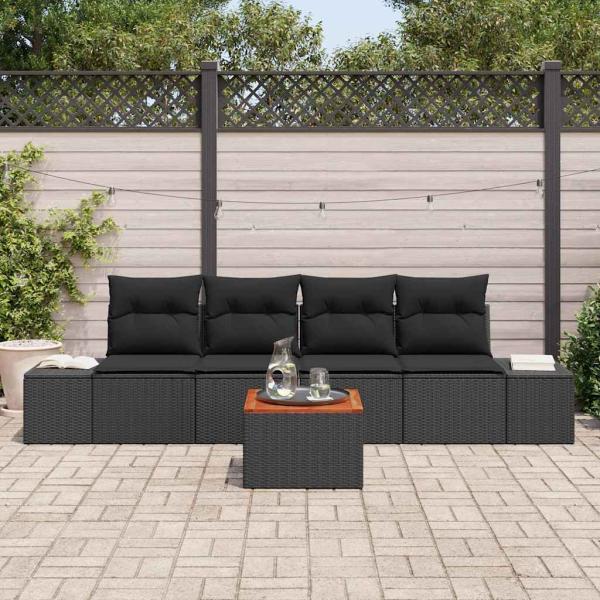 5-teiliges Garten Sofa Set mit Kissen Schwarz Poly Rattan Akazie