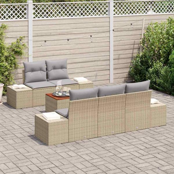 6-teiliges Garten-Sofa-Set mit Kissen in Beige und Poly-Rattan