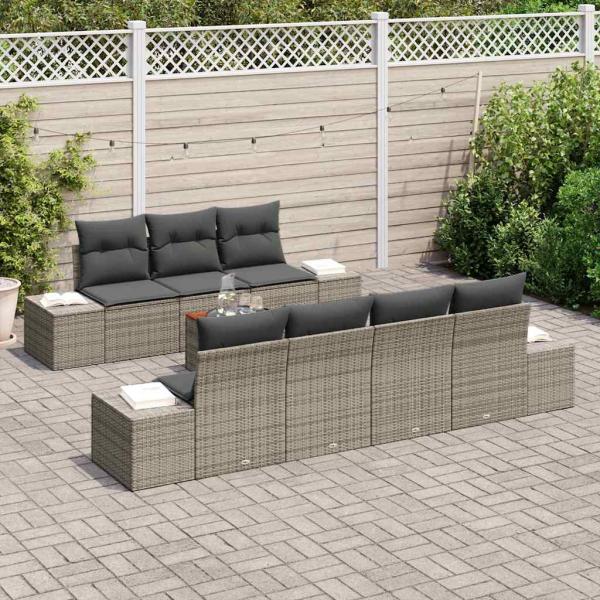 8-teiliges Garten-Sofa-Set mit Kissen Grau Poly-Rattan Akazie