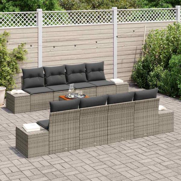 7-teiliges Garten Sofa Set mit Kissen Grau Poly Rattan Akazie