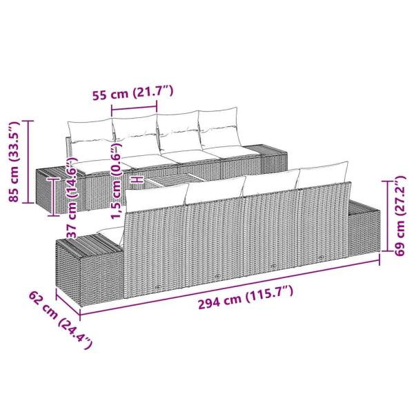 7-teiliges Garten Sofa Set mit Kissen Beige Poly Rattan Akazie