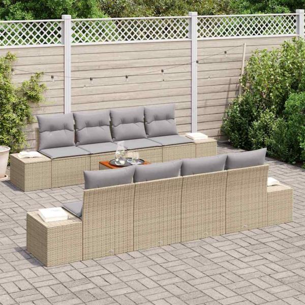 7-teiliges Garten Sofa Set mit Kissen Beige Poly Rattan Akazie