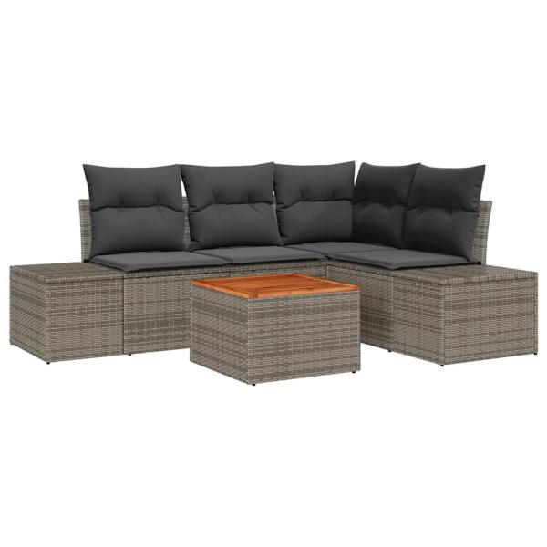 5-teiliges Garten Sofa Set mit Kissen Grau Poly Rattan Akazie
