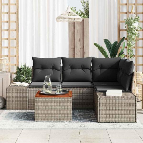 5-teiliges Garten Sofa Set mit Kissen Grau Poly Rattan Akazie