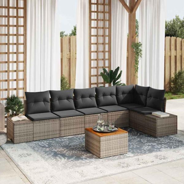 ARDEBO.de - 7-Teiliges Garten-Sofa-Set mit Kissen Grau Poly-Rattan Akazie