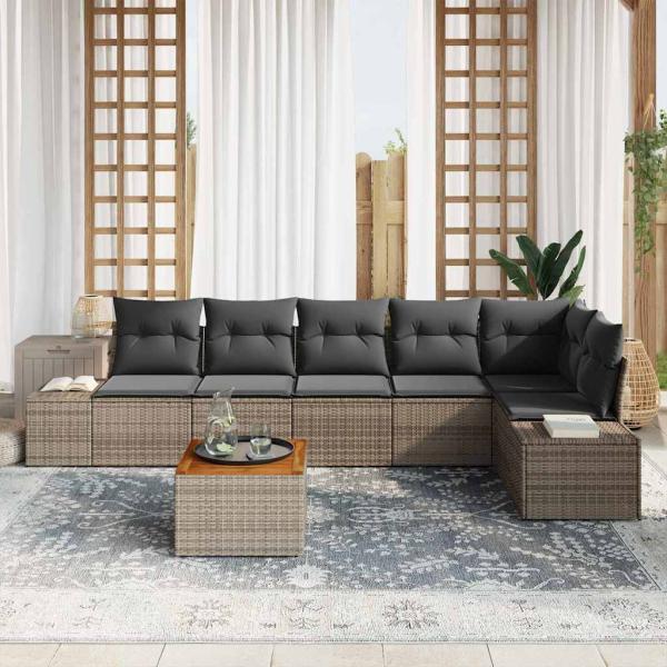 7-Teiliges Garten-Sofa-Set mit Kissen Grau Poly-Rattan Akazie