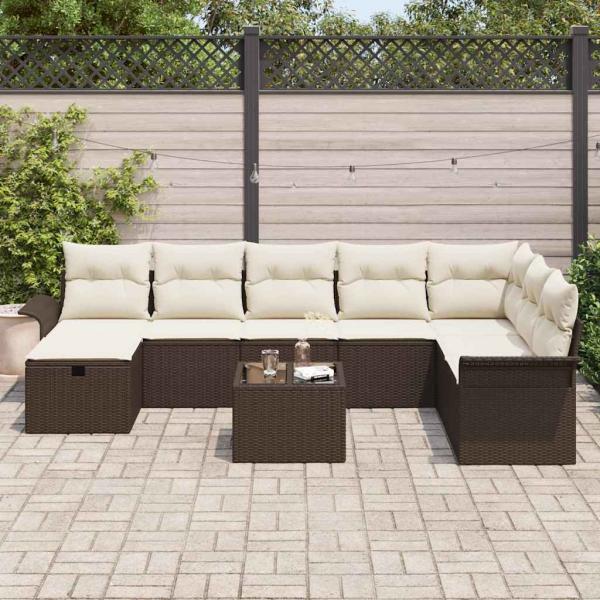 9-teiliges Garten-Sofa-Set mit Kissen Braun Poly Rattan