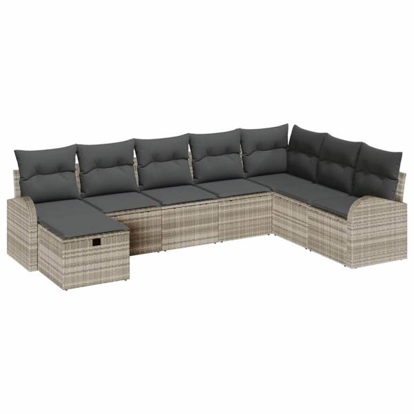 8-teiliges Garten-Sofa-Set mit Kissen Hellgraues Poly-Rattan