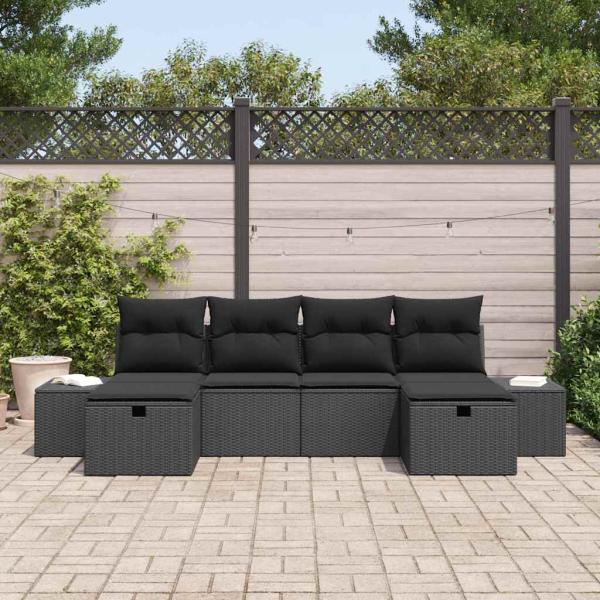 ARDEBO.de - 6-teiliges Garten-Sofa-Set mit Kissen Schwarz Poly Rattan