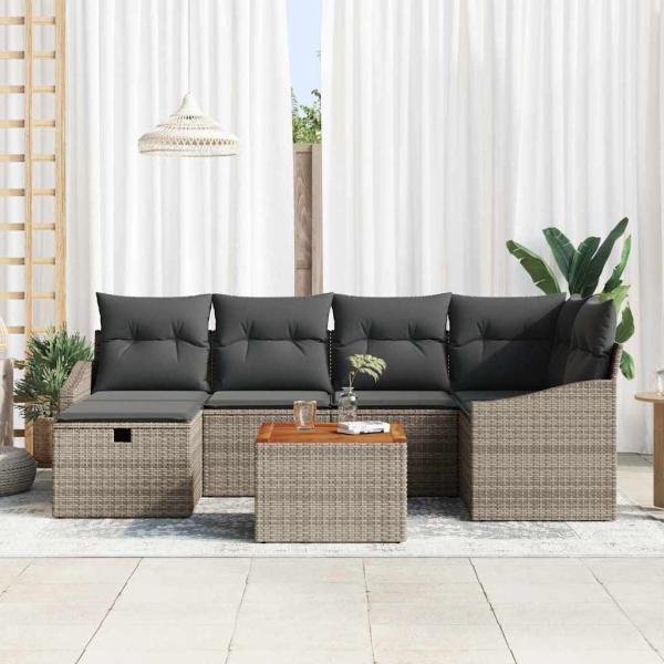 7 Teile Garten Sofa Set mit Kissen Grau Poly Rattan