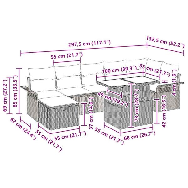 8-teiliges Garten Sofa Set mit Kissen hellgrau Poly Rattan