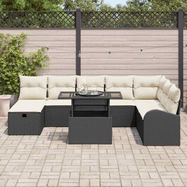 9-teiliges Garten Sofa Set mit Kissen Schwarz Poly Rattan