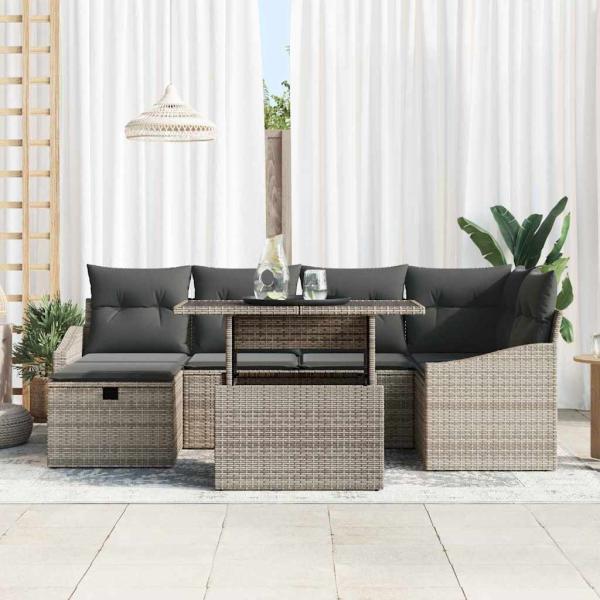 7-teilige Garten-Sofa-Set mit Kissen in Grau Poly Rattan