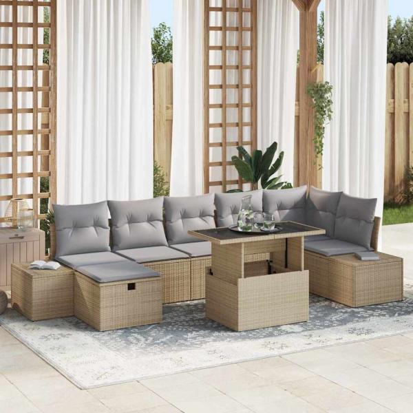 ARDEBO.de - 8-teiliges Garten-Sofa-Set mit Kissen Beige Poly Rattan
