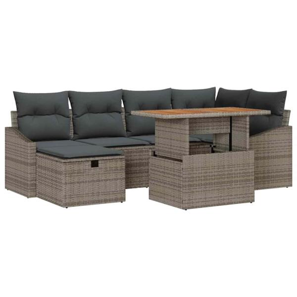 7-teiliges Garten Sofa Set mit Kissen Grau Poly Rattan