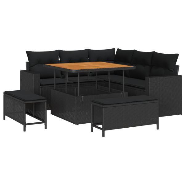 ARDEBO.de - 8-teiliges Garten-Sofa-Set mit Kissen Schwarz Poly-Rattan Akazie, 3-teiliges Garten-Ess-Set mit Kissen Schwarz Poly-Rattan Akazie