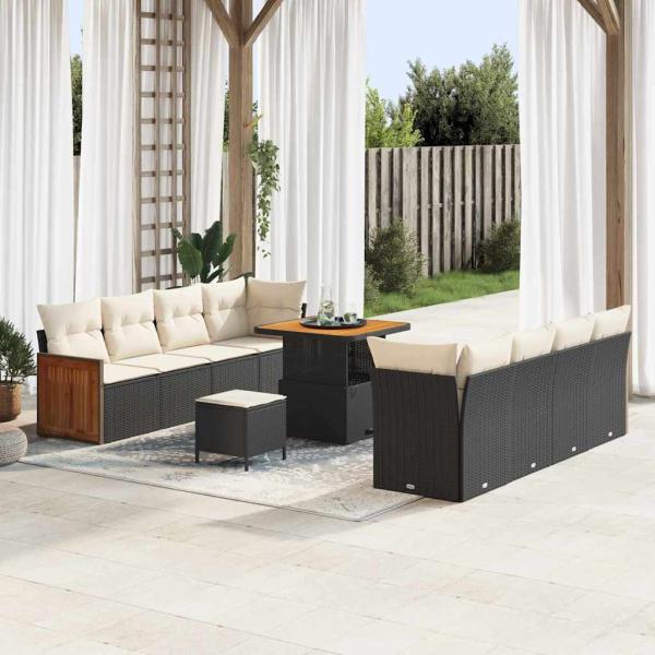 ARDEBO.de - 11-teiliges Garten-Sofa-Set mit Kissen Schwarz Poly Rattan Akazie, 2-Sitzer Garten Sofa mit Kissen Schwarz Poly Rattan, 3-teiliges Garten-Esszimmer-Set mit Kissen Schwarz Poly Rattan Akazie