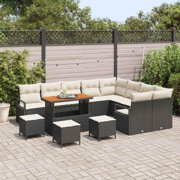 13-teiliges Garten Sofa Set mit Kissen Schwarz Poly Rattan Akazie, 2-Sitzer Garten Sofa mit Stauraum & Kissen Schwarz Poly Rattan, 4-teiliges Garten Essset mit Kissen Schwarz Poly Rattan Akazie