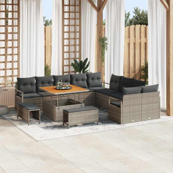 ARDEBO.de - 13-teiliges Gartensofa-Set mit Kissen Grau Poly-Rattan Akazie, 2-Sitzer-Gartensofa mit Stauraum und Kissen Grau Poly-Rattan, 3-teiliges Gartenset mit Kissen Grau Poly-Rattan Akazie